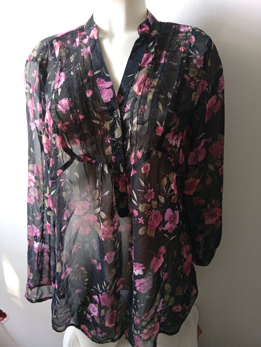 Blouse Clara Vitti - Noire Transparente Fleurie - Taille 46. J0018