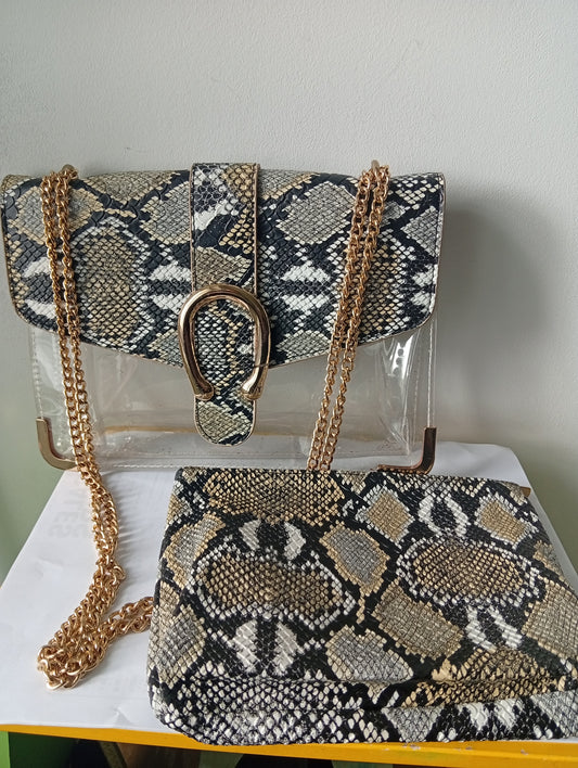 Sac à main avec chaîne + petite sacoche imitation peau de serpent  B0019